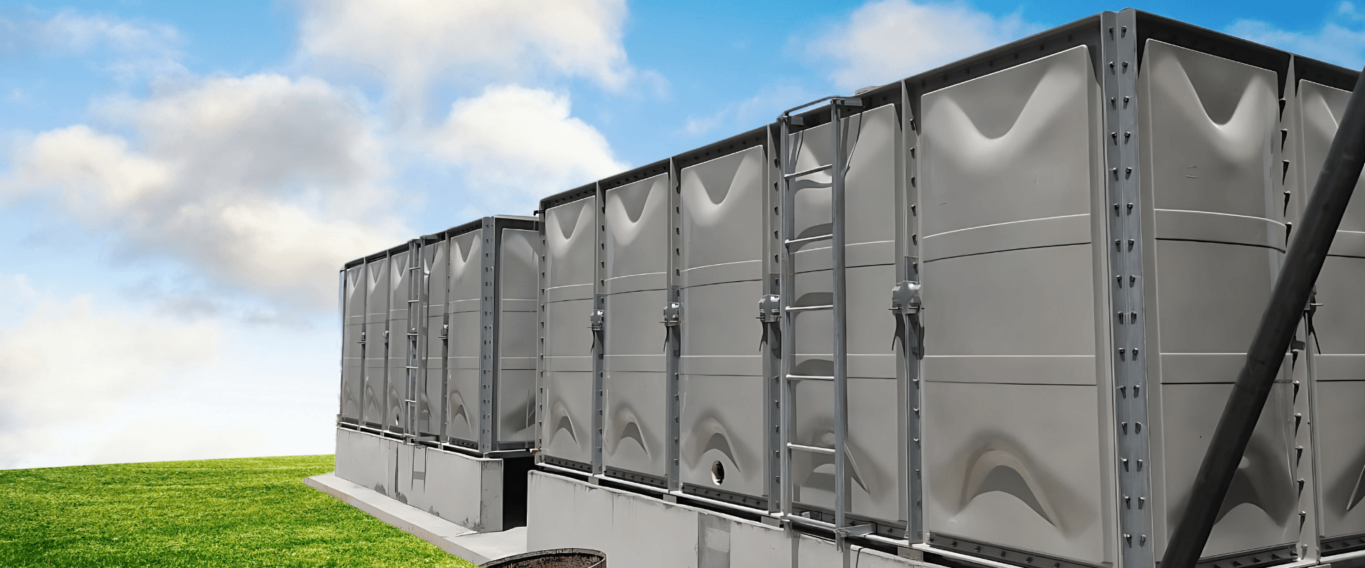 Glass reinforced plastic GRP water tanks installed for farm irrigation systems